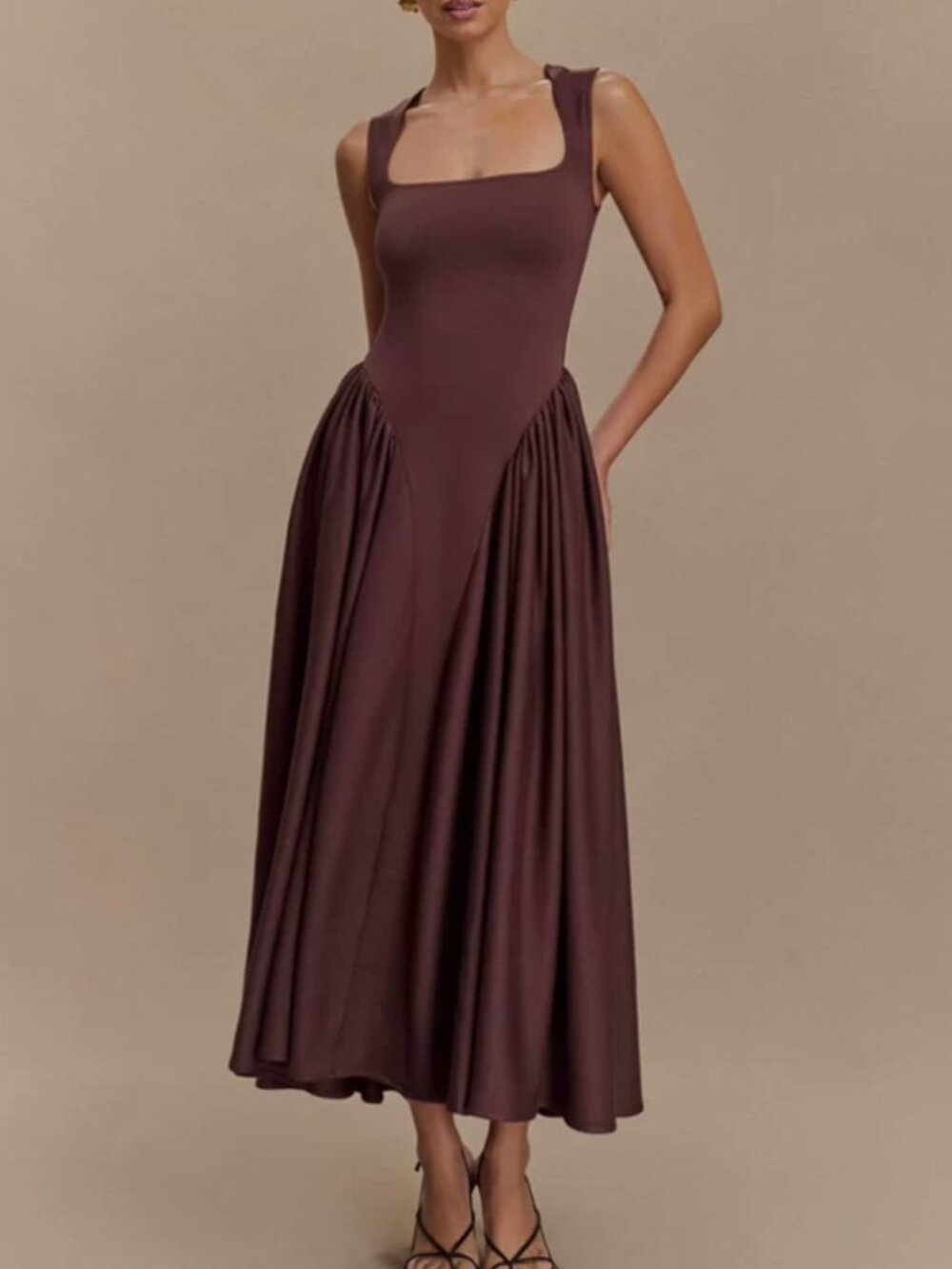 BEST Meshki Sharon Scuba Jersey Midi Dress XS/S/M  Cacao Brown Cafe Chocolate